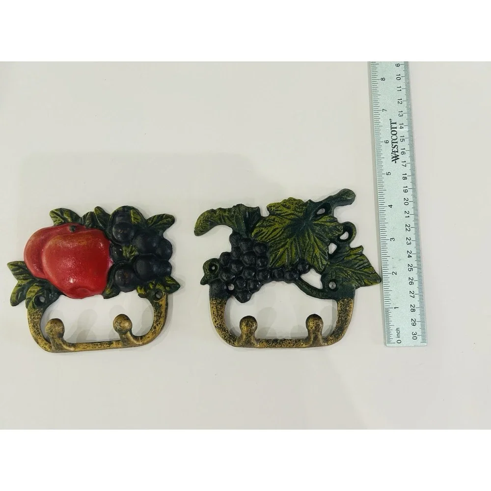VTG Cast Iron 2-Hook Hanging Key Holder Hand Painted Apples Grapes Fruit Kitchen